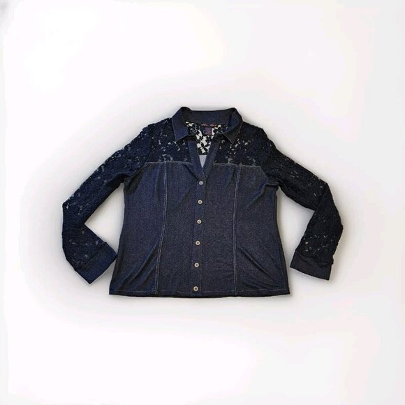 Elena Wang Top Womens L Indigo LS Lace Pullover Chambray Stretch Boho Whimsigoth - Picture 10 of 13